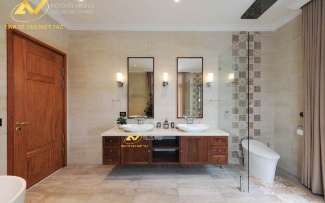 Tránh sát khí, họa hại với cách bố trí phong thủy nhà vệ sinh sau Thi công nội thất biệt thự đẹp tại Vinhome - Gỗ óc chó Anh Vũ
