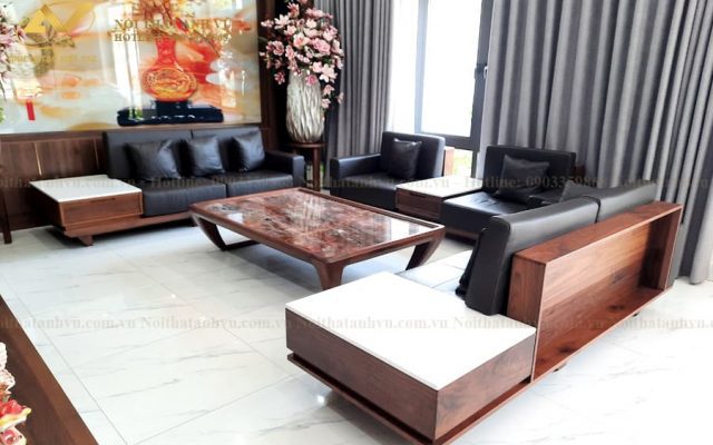 Bật mí cách chọn sofa da theo các chất da chuẩn nhất Sofa gỗ chữ U óc chó đẹp 002 - Nội thất Anh Vũ