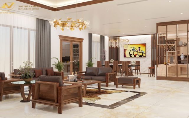 Cách bài trí phong thủy phòng khách chung cư mang vượng khí vào nhà Nội thất phòng khách gỗ Óc chó sang trọng - Nội thất Anh Vũ