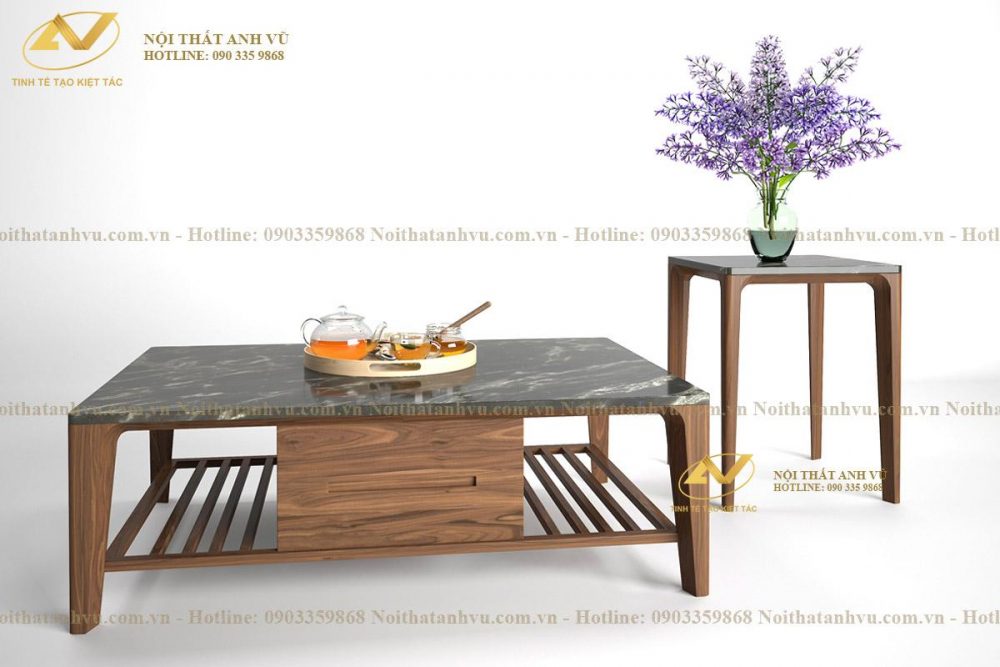 Bàn trà sofa mặt đá gỗ óc chó - Nội thất Anh Vũ