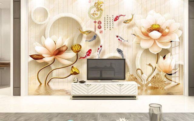 5 điều cần biết về phong thủy phòng khách cho người mệnh Hỏa Tranh hoa sen - Nội thất gỗ óc chó Anh Vũ