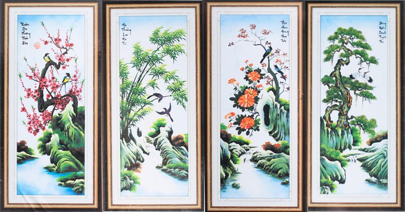 Tranh tùng cúc trúc mai - Nội thất gỗ óc chó Anh Vũ