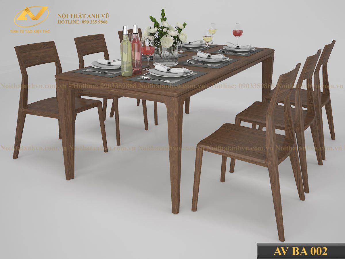 Mẫu bàn ăn hình chữ nhật đẹp AV-BA 002 - Nội thất gỗ óc chó Anh Vũ