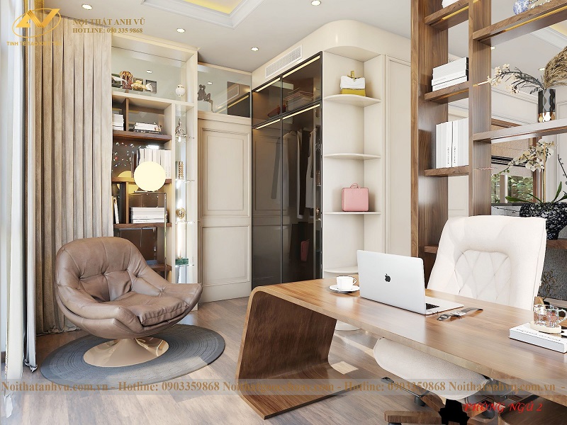 Khám phá phòng ngủ gỗ óc chó kết hợp phòng làm việc trong biệt thự Vinhomes Riverside Long Biên