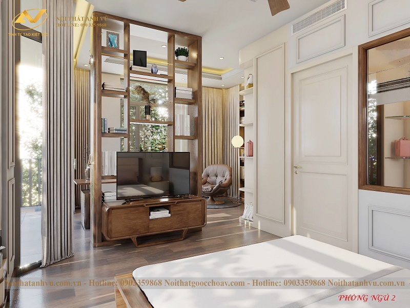 Khám phá phòng ngủ gỗ óc chó kết hợp phòng làm việc trong biệt thự Vinhomes Riverside Long Biên
