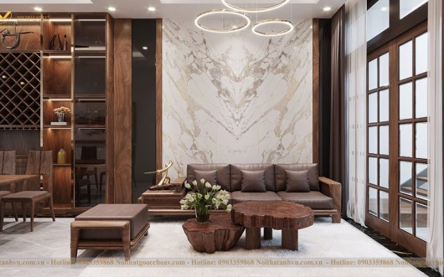 Lý do rất nhiều gia chủ lựa chọn sofa gỗ óc chó cho phòng khách biệt thự