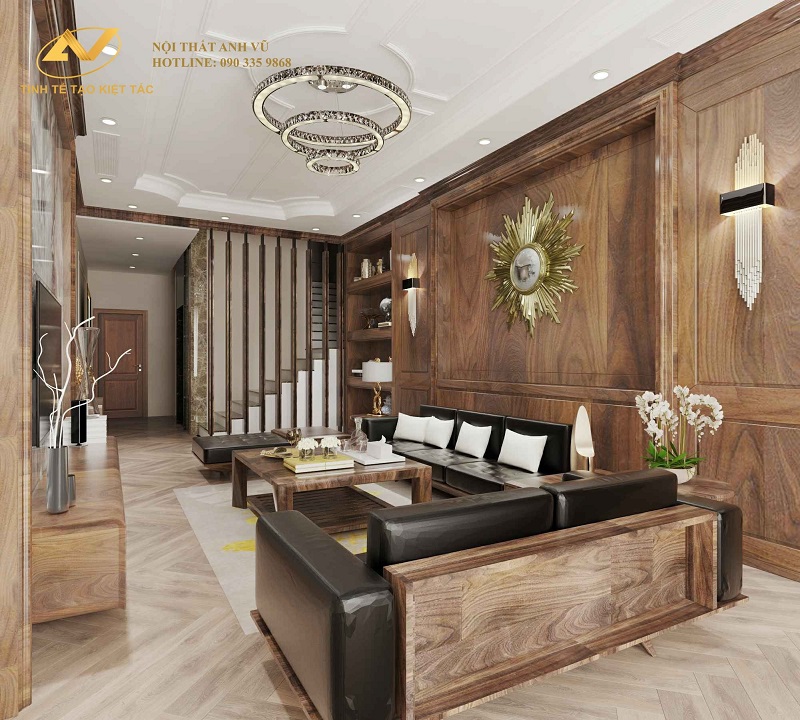 Lý do rất nhiều gia chủ nhà biệt thự lựa chọn nội thất phòng khách gỗ óc chó
