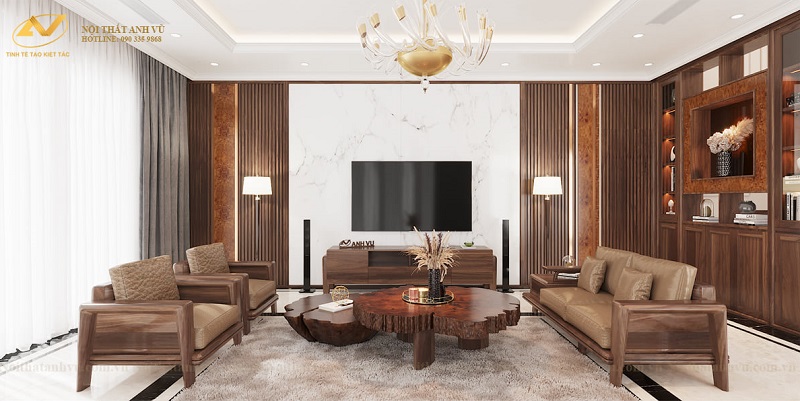 Lý do rất nhiều gia chủ nhà biệt thự lựa chọn nội thất phòng khách gỗ óc chó