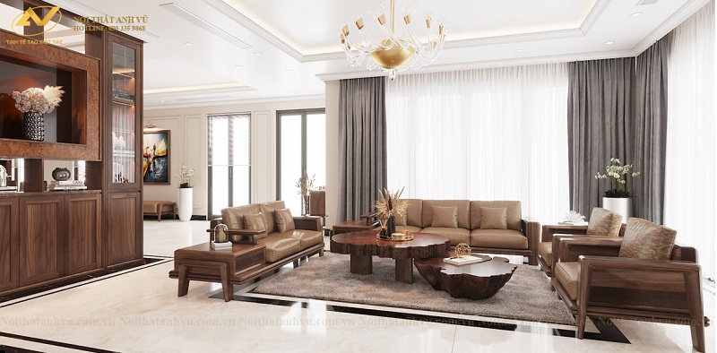 Lý do rất nhiều gia chủ nhà biệt thự lựa chọn nội thất phòng khách gỗ óc chó