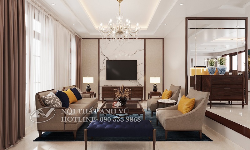 Lý do rất nhiều gia chủ nhà biệt thự lựa chọn nội thất phòng khách gỗ óc chó