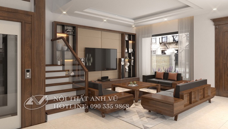 Lý do rất nhiều gia chủ nhà biệt thự lựa chọn nội thất phòng khách gỗ óc chó