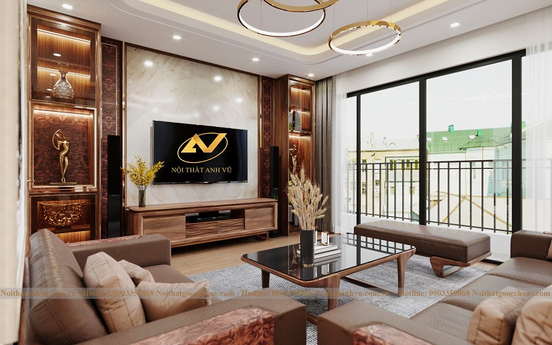 Lý do rất nhiều gia chủ nhà biệt thự lựa chọn nội thất phòng khách gỗ óc chó