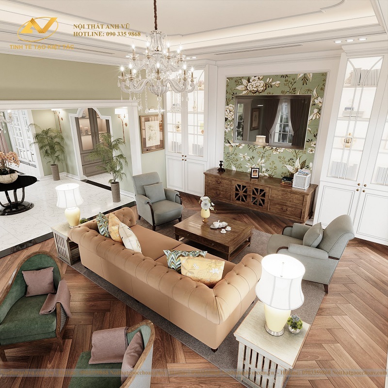 Lý do rất nhiều gia chủ nhà biệt thự lựa chọn nội thất phòng khách gỗ óc chó