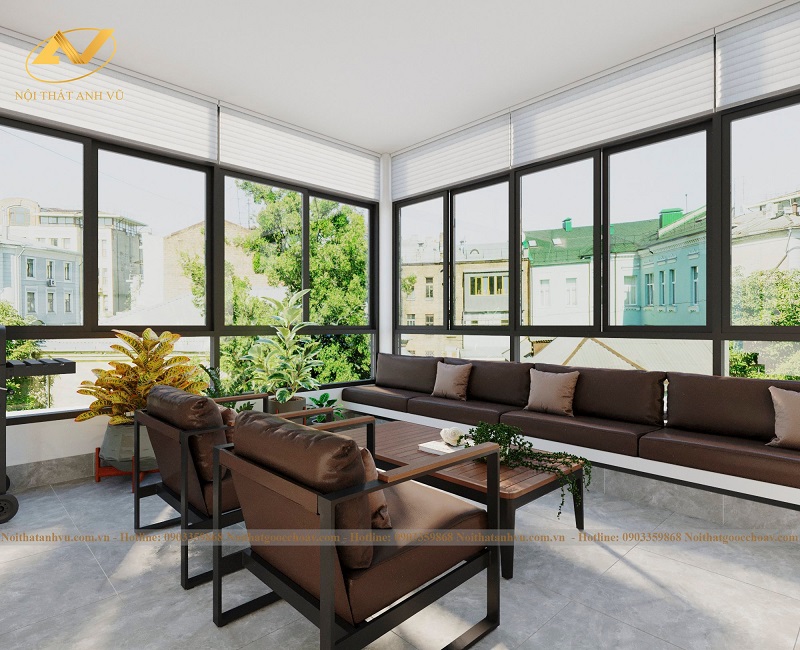 Sofa gỗ óc chó chiếm trọn tầm nhìn ấn tượng trong phòng khách biệt thự