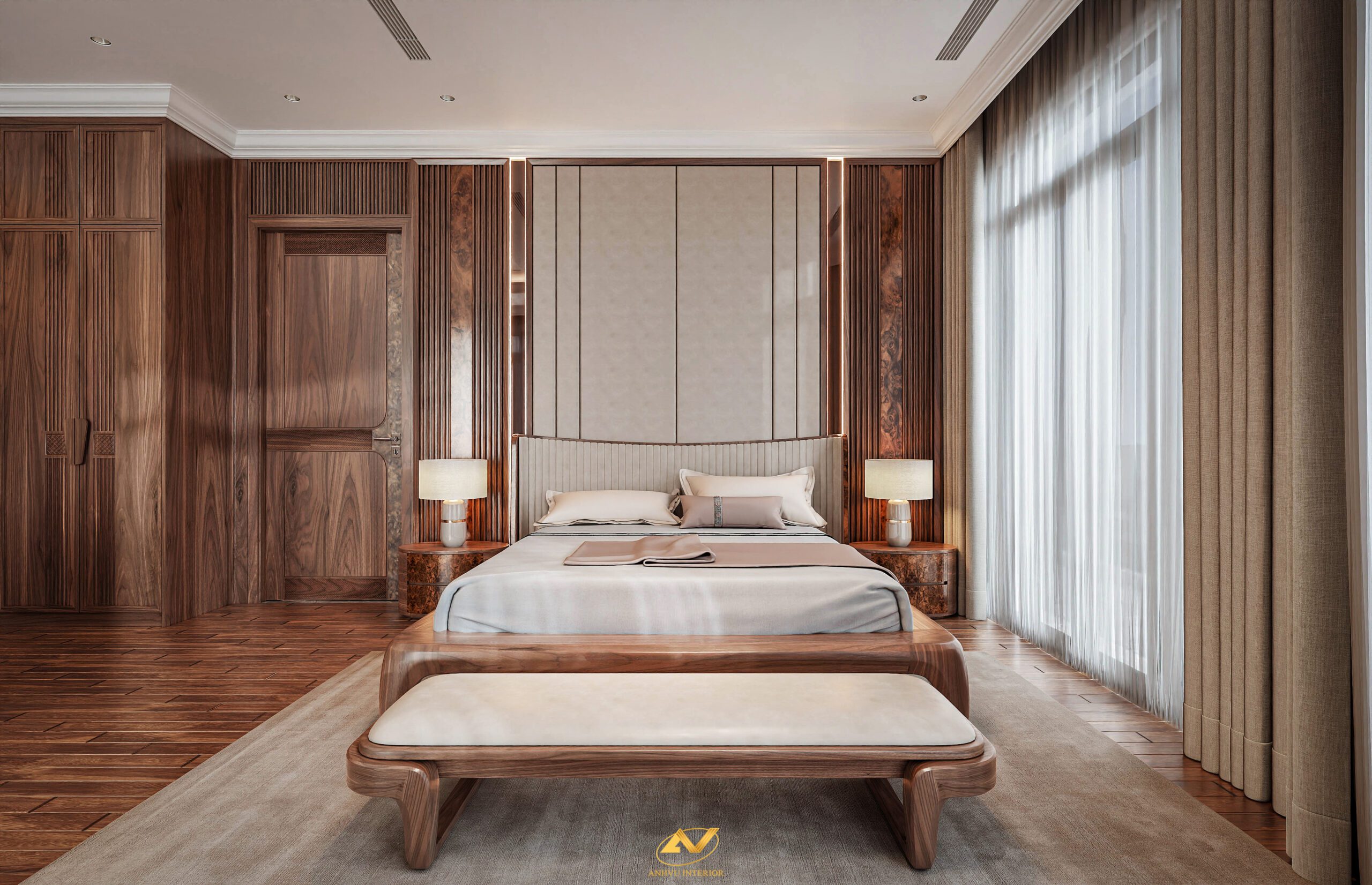 Giường ngủ gỗ óc chó đẹp cho biệt thự