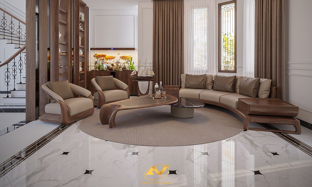 Sofa gỗ óc chó phòng khách hình bán nguyệt