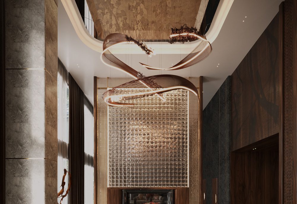 Trang trí phòng khách penthouse gỗ óc chó