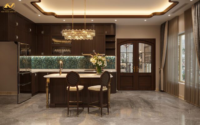 Tổng hợp các mẫu tủ bếp phong cách tân cổ điển sang trọng Thiết kế tủ bếp tân cổ điển gỗ tự nhiên