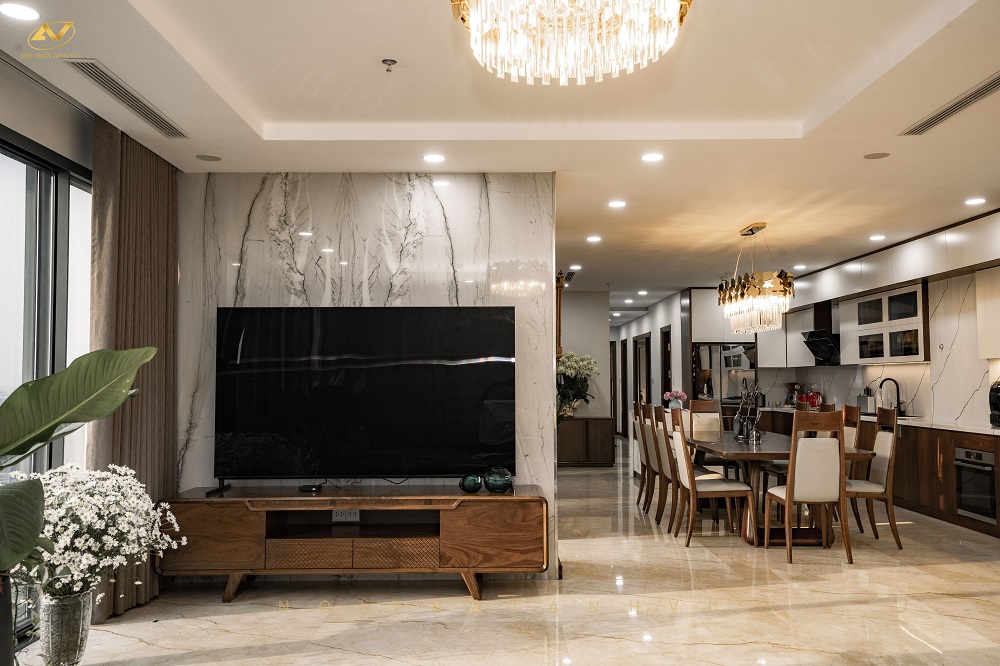 Thiết kế căn hộ chung cư 4 phòng ngủ đầy đủ tiện nghi Thiết kế nội thất chung cư cao cấp bằng gỗ óc chó