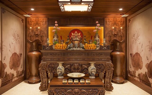 Bàn thờ gỗ óc chó sự lựa chọn tôn nghiêm cho không gian sống Thiết kế nội thất phòng thờ gỗ tự nhiên