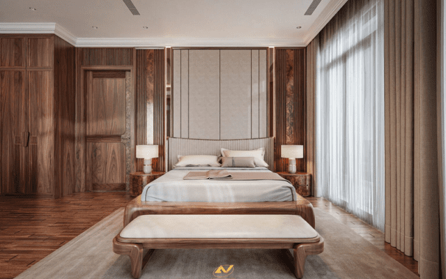 Thiết kế giường ngủ gỗ tự nhiên phòng ngủ