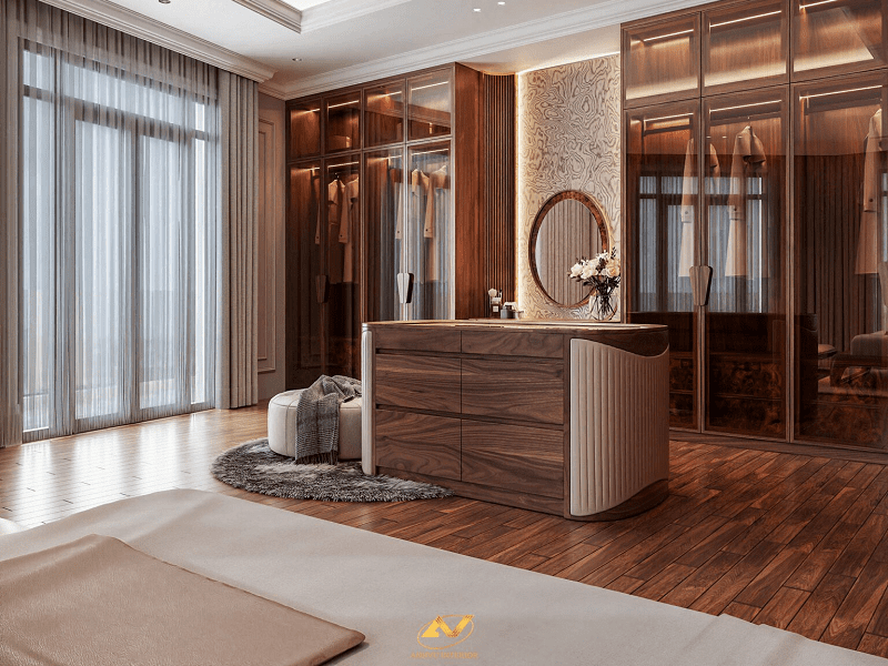 Thiết kế tủ quần áo gỗ óc chó phòng ngủ