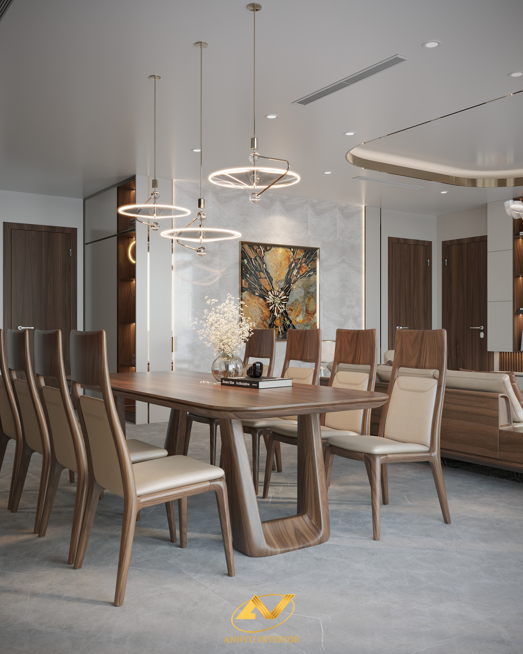 Thiết kế nhà chung cư đẹp 70m2 tối ưu công năng và thẩm mỹ Bàn ăn gỗ óc chó chung cư