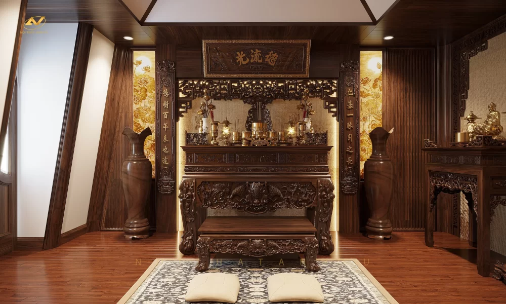 Thiết kế thi công nội thất phòng thờ gia tiên Hải Phòng thi công nội thất phòng thờ gỗ óc chó tại Hải Phòng
